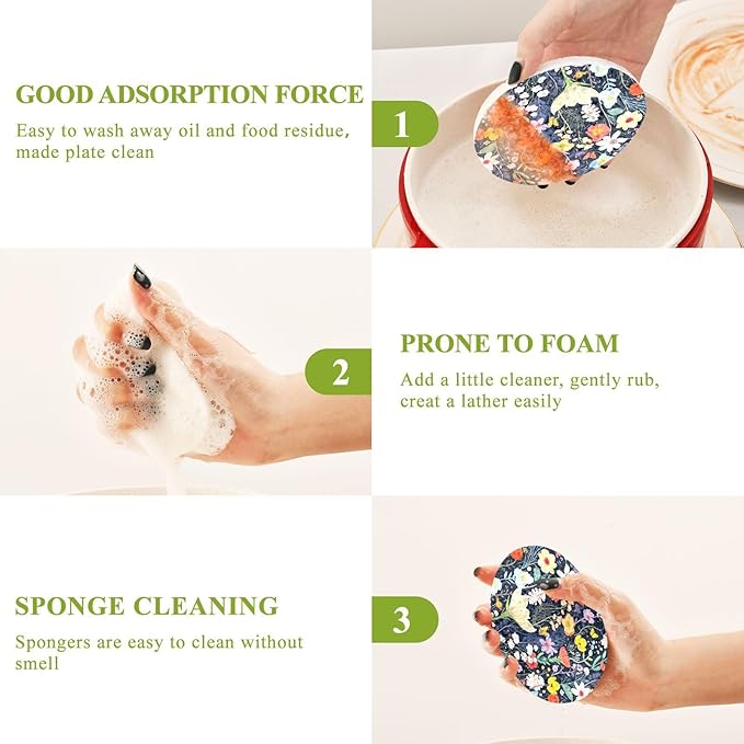 Clipart Floral Kitchen Scrub Sponges, Pop-up Kitchen Cleaning Sponges Reusable Dish Washing Sponges for Bathroom Household Cleaning 3 Pack - Non Scratch Scrubber