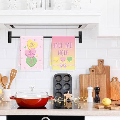 Valentines Day Kitchen Towels, 4PCS Conversation Heart Dish Towels for Cooking Cleaning, Absorbent Aesthetic Tea Towel with Hanging Loop for Home Kitchen Decor(16 X 24 Inches)
