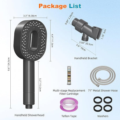 Hibbent Filtered Showerhead with handheld, High Pressure 5 Sprays Handheld Shower Head with Brass Holder& 71" Metal Hose, Water Softener for Hard Water-Remove Chlorine, Reduces Dry Itchy Skin, Gray