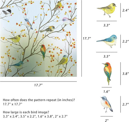 DKTIE Reeded Glass Window Film Seamless Pattern with Colored Birds Bathroom Window Privacy Film Waterproof Easy to Install Renter Friendly (S3533R, 17.7in X 78.7in)