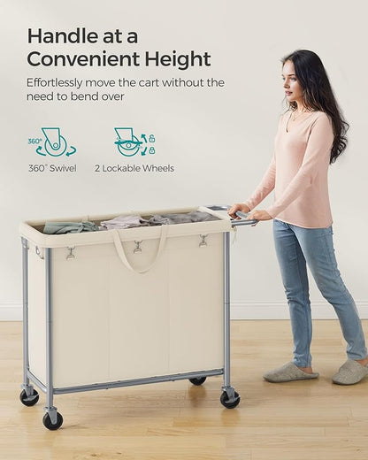 SONGMICS Laundry Basket with Wheels, 3-Section Rolling Laundry Hamper, 52.8 Gallons (200 L), Removable Liner, Steel Frame with Handle, 35.8 x 15.4 x 31.9 Inches, Cream White URLS005W01