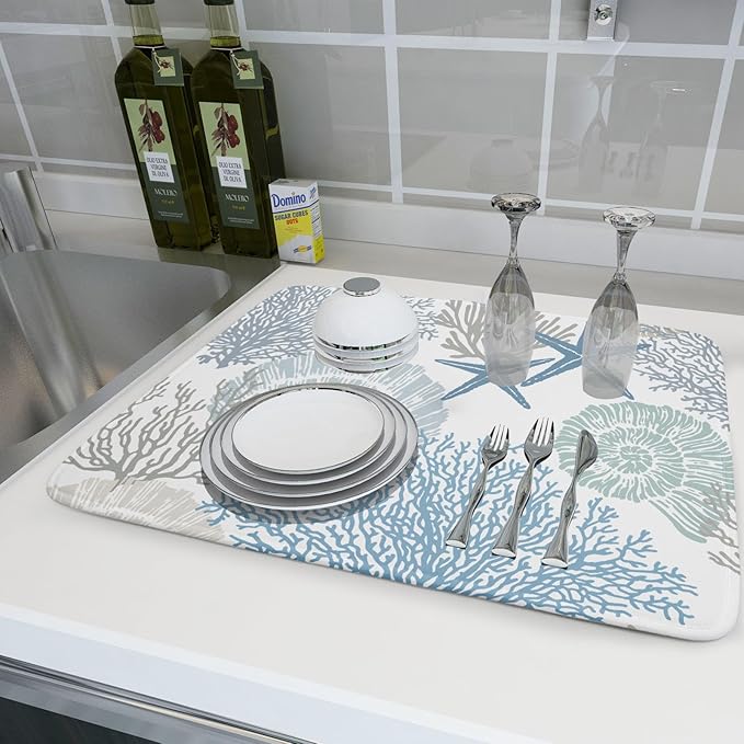 Nautical Coastal Dish Drying Mat for Kitchen Counter,Summer Ocean Themed Seashell Coral Starfish Drying Mat 18 x 24 Inch with High Absorbent Microfiber Dish Drying Drainer Mat for Coffee Bar
