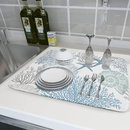 Nautical Coastal Dish Drying Mat for Kitchen Counter,Summer Ocean Themed Seashell Coral Starfish Drying Mat 18 x 24 Inch with High Absorbent Microfiber Dish Drying Drainer Mat for Coffee Bar