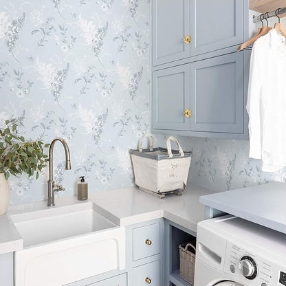 Heroad Blue Peel and Stick Wallpaper French Floral Contact Paper for Cabinet Drawers Vintage Self Adhesive Removable Wall Paper for Bedroom Bathroom Stick on Walls Decor Vinyl Roll 17.3''x78.7''