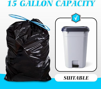 15 Gallon 120 Counts Strong Drawstring Trash Bags Garbage Bags by Teivio, Bathroom Trash Can Bin Liners, Plastic Bags for home office kitchen, Black