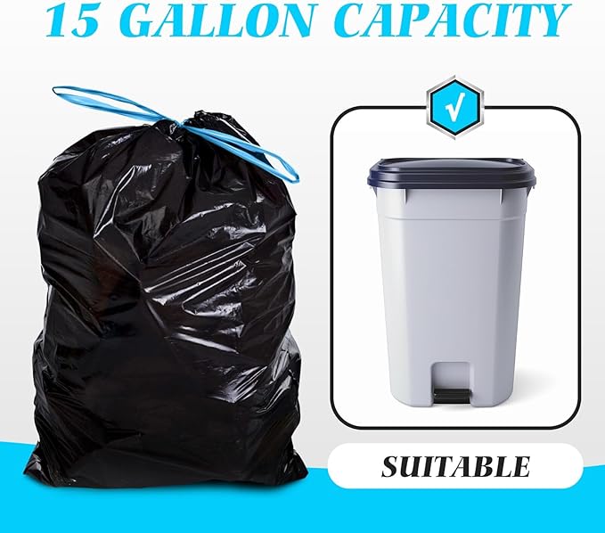Teivio 15 Gallon 60 Counts Strong Tall Kitchen Drawstring Trash Bags, Medium Plastic Garbage Bags for Home Kitchen Garden Office Tall Trash Can, Black Waste Bin Liners