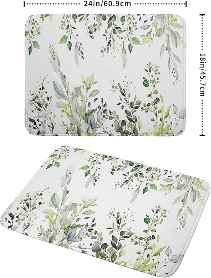 Green Eucalyptus Sage Leaves Dish Drying Mat 18 x 24 Inch With Absorbent Reversible Microfiber Plant Leaf Floral Spring Summer Drying Mats Fast Dry Pad Draining Mat For Kitchen Countertop