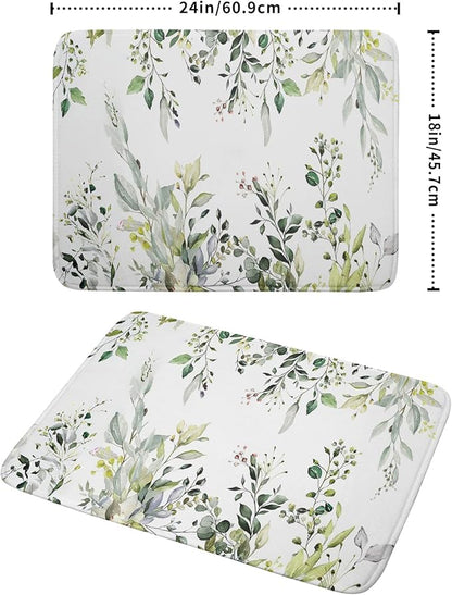 Green Eucalyptus Sage Leaves Dish Drying Mat 18 x 24 Inch With Absorbent Reversible Microfiber Plant Leaf Floral Spring Summer Drying Mats Fast Dry Pad Draining Mat For Kitchen Countertop