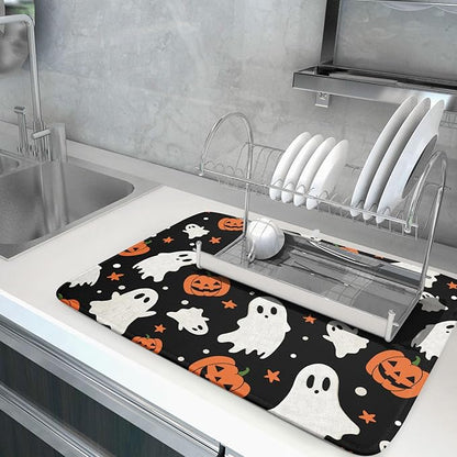 Halloween Dish Drying Mat 18 x 24 Inch With Absorbent Reversible Microfiber Pumpkin Ghost Black White Orange Drying Mats Thanksgiving Dish Drainer Mat Fast Dry For Kitchen Dining Room Decoration