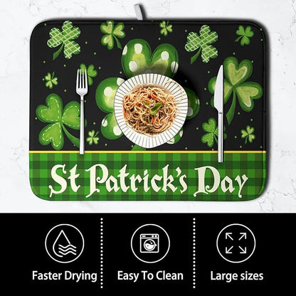 Happy St. Patrick's Day Kitchen Drying Mat Green Plaid Lucky Shamrock Clover Dish Drying Mat St Patrick's Day Super Absorbent Dish Dry Pad Microfiber Dish Drainer Mats for Kitchen Counter 18x24 Inch