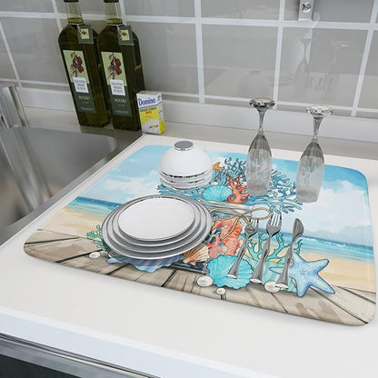 Coastal Coral Dish Drying Mat 18x24 inch Starfish Shell Fast Dry Microfiber Dish Rack Mats Drainer Pad for Countertop Kitchen Table Decor