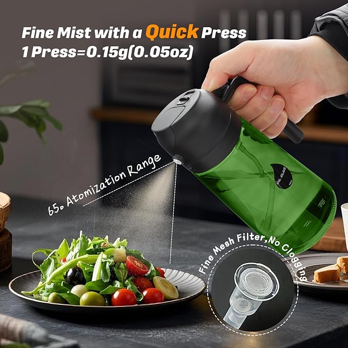 2 in 1 Oil Sprayer for Cooking, Olive Oil Dispenser Bottle for Kitchen Spray and Pour, 16oz/470ml Light-Blocking Dark Green Glass Bottle, Food-Grade Oil Mister for Air Fryer Green Cap