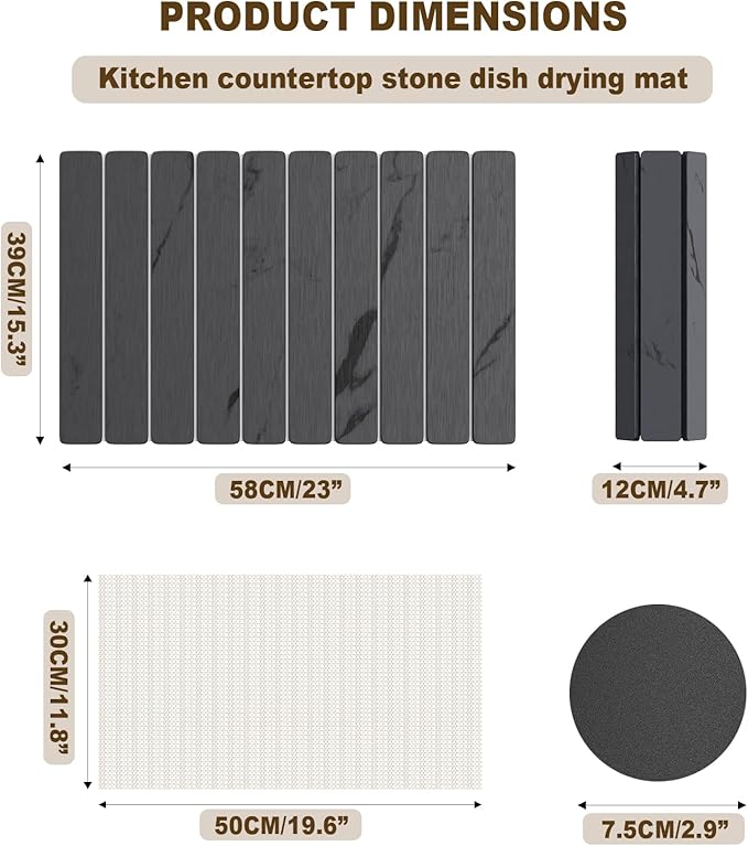 Dayacoco Stone Drying Mat for Kitchen Counter, Large Quick Dry Stone Mat, Collapsible Diatomaceous Earth Mats for Dishes Bottles Cups, Fits Any Countertop,23"×15.3",Gray gold