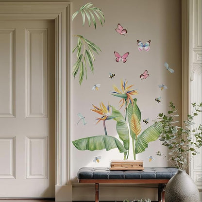 Large Peel and Stick Floral Bouquet Wall Decals Flowers Wall Stickers for Living Room Bedroom Accent Wall Decor, 22 PCS Bird of Paradise Tropical
