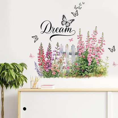 Romantic Bellflowers Fence Decals Floral Wall Decor, Campanula Fence Flowers Stickers Wall Art Murals, Flower Pattern Self-Adhesive Stickers for Girls Bedroom Bathroom Door Nursery Decor