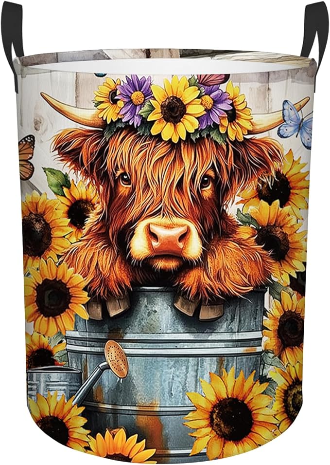 Highland Cow Laundry Basket, Sunflower Oxford Cloth Laundry Hamper, Waterproof Collapsible Storage Bin with Handles for Bedroom, Nursery Home Storage, Gift for Chritsmas Thanksgiving 13.8x17.7in