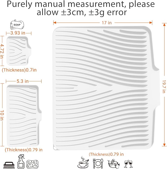 Silicone Dish Drying Mat for Kitchen Counter, Dish Drying Pad, Non-Slip Drain Pad with Built-in Drain, Heat Resistant Stone Drying Mat,Ivory-1Set-XL