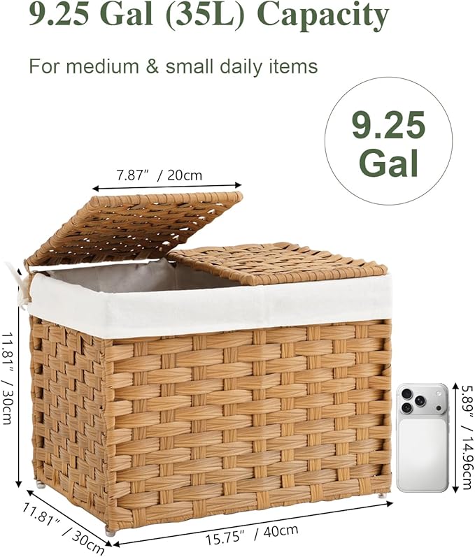 Storage Basket with Lid Woven Wicker Baskets with 2 Separate Lid, 9.2 Gallon (35 L) Wicker Storage Bins with Handles, Foldable and 2 Removable Liner Bags for Bedroom, Laundry Room Natural