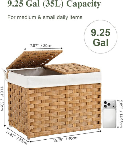 Storage Basket with Lid Woven Wicker Baskets with 2 Separate Lid, 9.2 Gallon (35 L) Wicker Storage Bins with Handles, Foldable and 2 Removable Liner Bags for Bedroom, Laundry Room Natural