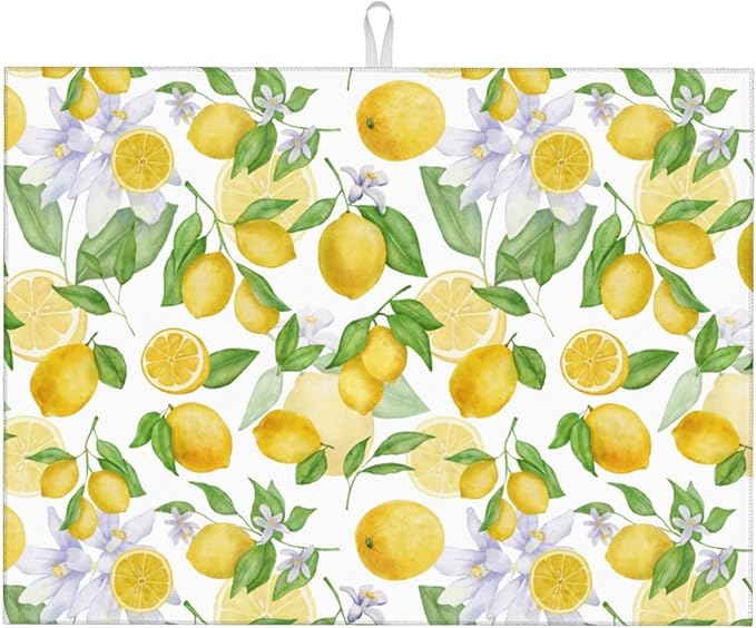 Lemon Dish Drying Mat for Kitchen Counter Microfiber Absorbent Dish Draining Reusable Washable Extra Large 24" x 18" (Lemon, 18x24in)