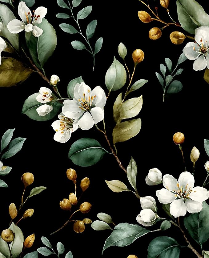 Black Floral Wallpaper Peel and Stick, Vintage Dark Green Leaves with White Flower Pattern Self Adhesive Wall Paper for Bedroom Cabinet Cubicle, Waterproof Classic Contact Paper 17.5In x 118In