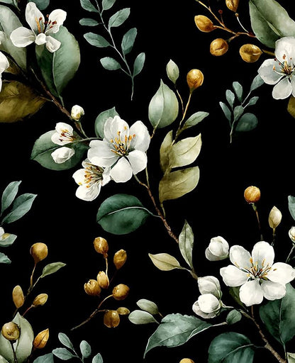 Black Floral Wallpaper Peel and Stick, Vintage Dark Green Leaves with White Flower Pattern Self Adhesive Wall Paper for Bedroom Cabinet Cubicle, Waterproof Classic Contact Paper 17.5In x 118In