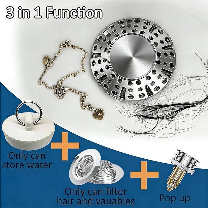 Bathtub Drain Stopper, Pop Up Tub Stopper Plug with Bathtub Drain Hair Catcher Cover, Universal for 1.45 in to 1.8 in Tub Drain, Brushed Nickel