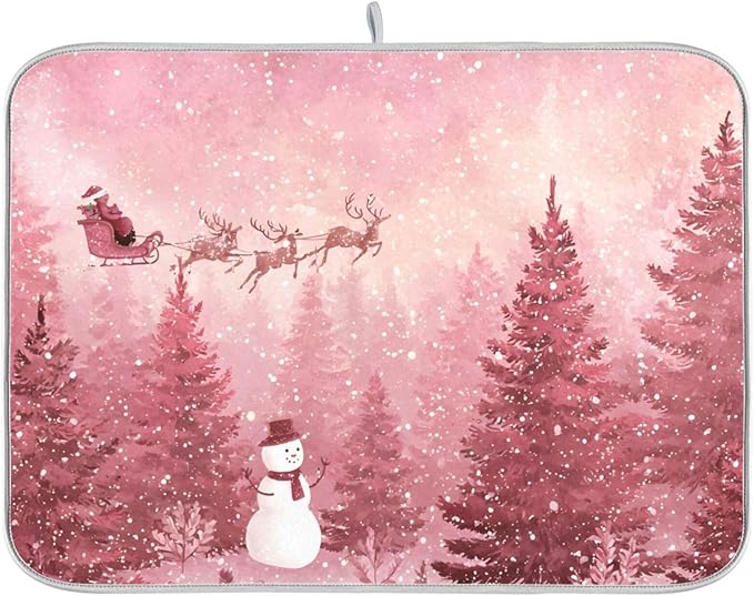 Christmas Forest with Snow Falling Santa Dish Drying Mat for Kitchen Counter Super Absorbent Drying Mat 18x24 inch Large Dish Drying Matts for Countertop Protector Dishes Pad