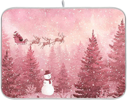 Christmas Forest with Snow Falling Santa Dish Drying Mat for Kitchen Counter Super Absorbent Drying Mat 18x24 inch Large Dish Drying Matts for Countertop Protector Dishes Pad
