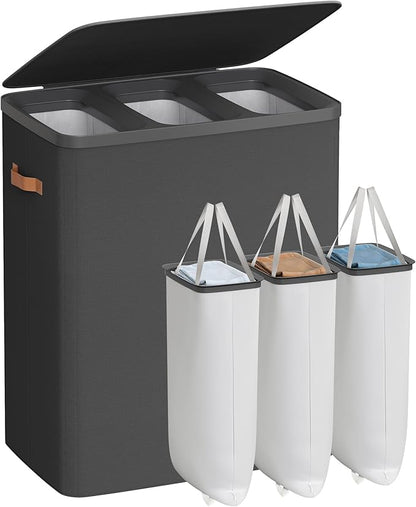 SONGMICS Laundry Basket, 50.2 Gal. Laundry Hamper, 3 Compartments, Easy Assembly, with Lid and Handles, Removable Liners, 25.2 x 15.7 x 29.5 Inches, Ink Black ULCB814BH01