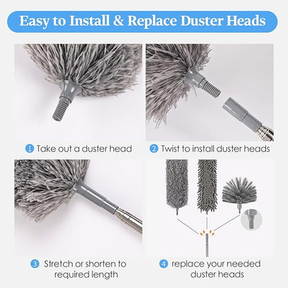 Microfiber Feather Duster 5-in-1 Kit with Extension Pole, Washable Cleaning Duster Set with 3 Duster Heads, Cobweb Duster, Corner Brush, 100'' Extendable Long Duster for High Ceilings, Fans, Furniture