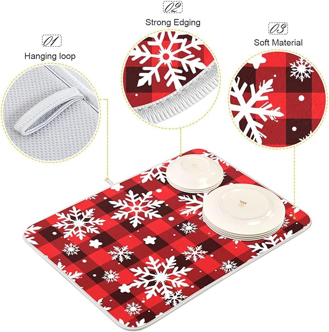 Snowflakes Christmas Checkered Plaid Dish Drying Mat for Kitchen Counter Absorbent Microfiber Drying Pad, Large 18x24 in
