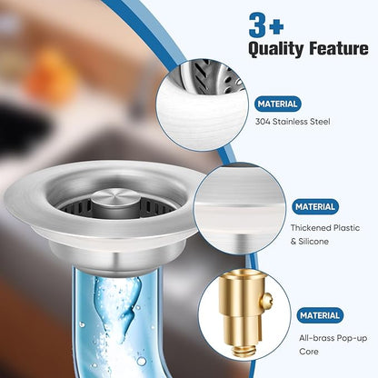 Sink Drain Strainer Kitchen Sink Drain Strainer&Sink Stopper,Stainless Steel Pop up Sink Drain Strainer,Anti-Clogging Basket Strainer,High Durability with Brass Core,Fit 3-1/2",Chrome