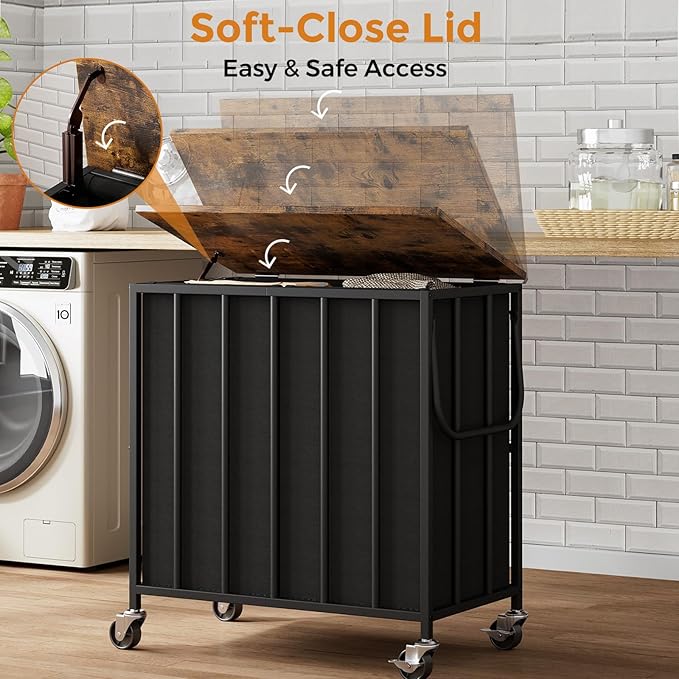 120L Laundry Hamper with Wheels and Lid, Rolling Laundry Basket with Dual Removable Liners, Soft-Close Flip-Top Wooden Lid, Metal Handles, Clothes Organizer for Bedroom and Laundry Room
