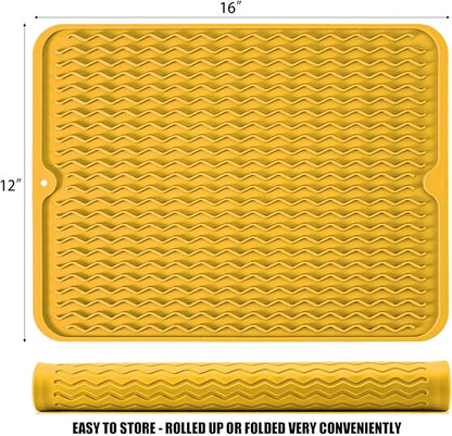 Silicone Dish Drying Mat for Multiple Usage, Easy clean, Eco-friendly, Heat-resistant Dish Drainer Mat for Kitchen Counter,Sink,Refrigerator or Drawer liner (16" x 12", Yellow)