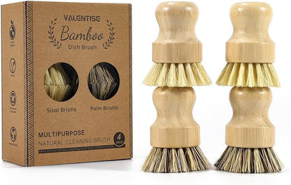 4 Pack Bamboo Dish Brush Set, Natural Palm Dish Scrubber for Pots and Vegetables, Sisal Bristle Bamboo Scrub Brush for Cleaning Dishes and Pans