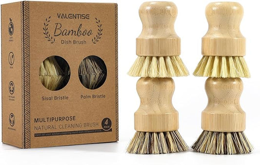 4 Pack Bamboo Dish Brush Set, Natural Palm Dish Scrubber for Pots and Vegetables, Sisal Bristle Bamboo Scrub Brush for Cleaning Dishes and Pans