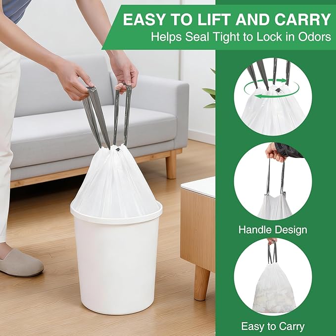 200 Counts 1.2 Gallon Trash Bag Drawstring Small Trash Bags, Thick Pre-separated Garbage Bags, Trash Bin Liners, Suitable for bathroom, kitchen, bedroom, office (White)