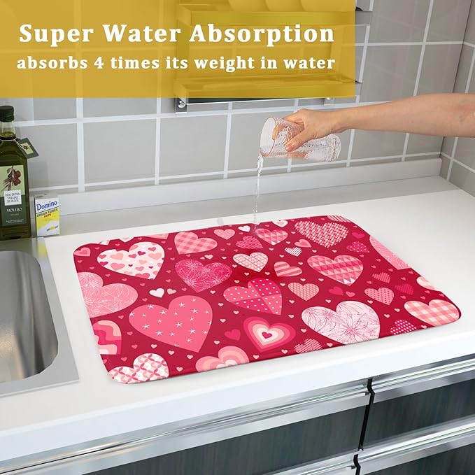 Valentine Day Love Heart Dish Drying Pad 18 x 24 Inch with Absorbent Reversible Microfiber Happy Valentines Pink Red Hearts Drying Mats For Kitchen Counter Dining Room Decoration