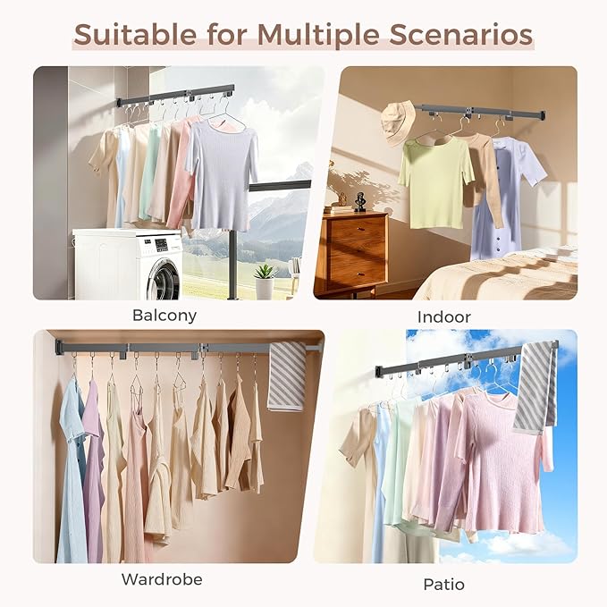 Wall Mounted Clothes Drying Rack, Space-Saving Foldable Clothes Drying Rack, Wall Clothes Hanger with 18 Hooks for Indoor & Outdoor Use in Laundry Room, Bathroom & Balcony