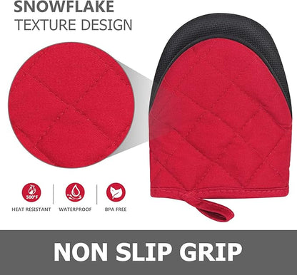 Short Oven Mitts, Heat Resistant 500°F, Silicone Grip Kitchen Gloves, Non-Slip for Baking, Grilling, BBQ, Machine Washable with Hanging Loop, 2-Pack Set, Red