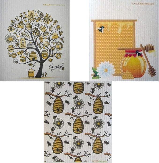 SWEDEdishcloths - Cellulose Sponge Dish Towels - Mixed Set of 3 (One of Each Design) Bees & Honey Swedish Dish Cloths