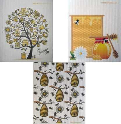 SWEDEdishcloths - Cellulose Sponge Dish Towels - Mixed Set of 3 (One of Each Design) Bees & Honey Swedish Dish Cloths