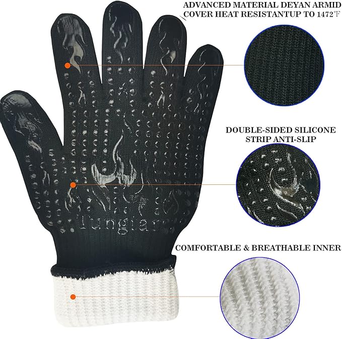 Mitts Oven Gloves with Fingers BBQ Heat Resistant Gloves Oven Gloves 1472℉ 14Inch Cut Resistant Cooking Grill Gloves Silicone Non-Slip Cooking Gloves for Grilling/Baking for Gift (Large, Black)