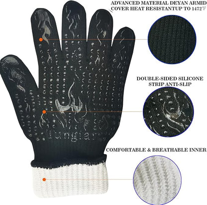 Mitts Oven Gloves with Fingers BBQ Heat Resistant Gloves Oven Gloves 1472℉ 14Inch Cut Resistant Cooking Grill Gloves Silicone Non-Slip Cooking Gloves for Grilling/Baking for Gift (Large, Black)