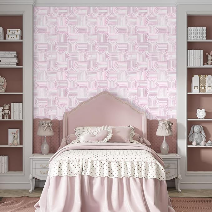 Modern Peel and Stick Wallpaper Light Pink Wallpaper 17.3" x 480" Boho Abstract Geometric Contact Paper Waterproof Wall Paper for Bedroom Cabinets Furniture Vinyl
