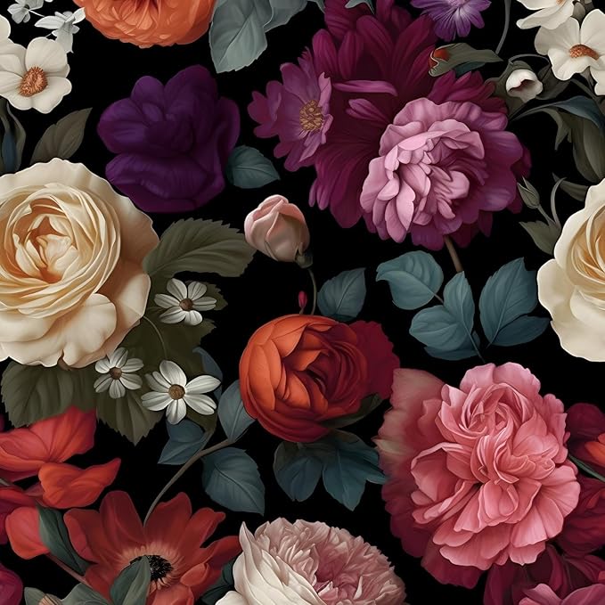 Fvlow Dark Floral Wallpaper Peel and Stick Vintage Colorful Flower Contact Paper 17.4" x 118" Black Floral Wallpaper Waterproof Self-Adhesive Wall Covering for Bedroom Countertop Desk Cabinet