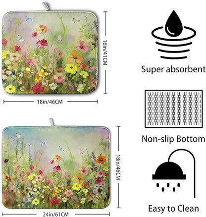 Spring Floral Dish Drying Mat for Kitchen Counter 18x24 Inch Sage Green Wild Flowers Drying Mats Spring Summer Plant Microfiber Absorbent Large Dish Rack Pad for Coffee Bar Sinks Home Accessories