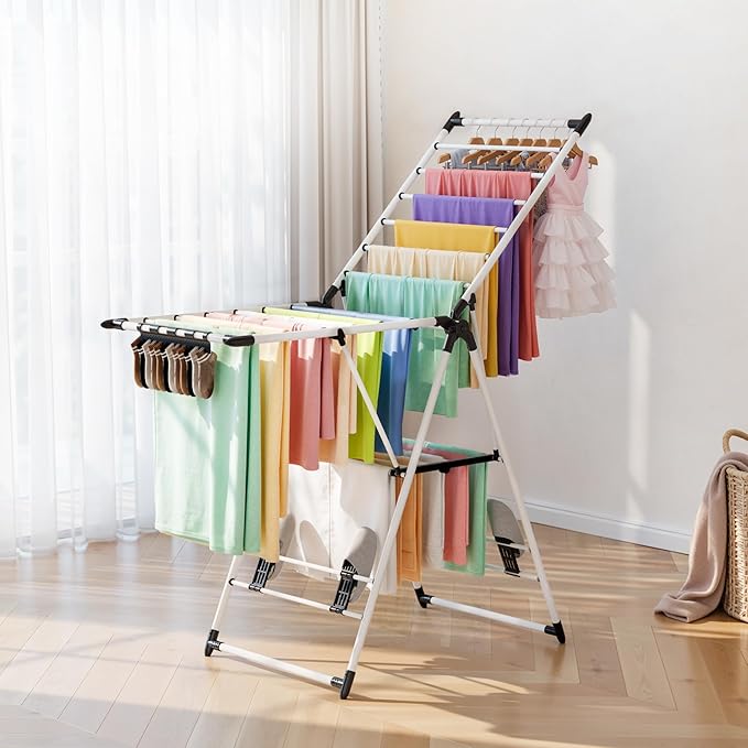 RUIE Clothes Drying Rack with 2 Tier Adjustable Design, 21 Rails Heavy Duty Laundry Drying Rack with Side Clips and Shoe Holders, Foldable Clothes Drying Rack for Indoor and Outdoor Use