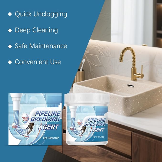 Powerful Drain Clog Remover Powder 100g, Fast-Acting Drain Cleaner with Sodium Sulfate & Sodium Hydroxide, Dissolves Hair, Grease & Soap Scum, Deep Cleans Pipes for Kitchen Sinks & Bathroom Drains